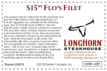 Longhorn Steakhouse Coupon April 2024 $16 6oz filet mignon steak at Longhorn Steakhouse