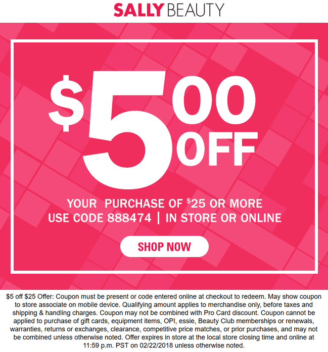 Sally Beauty Coupon April 2024 $5 off $25 at Sally Beauty, or online via promo code 888474