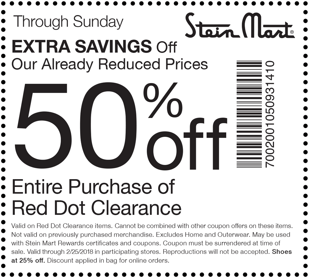 Stein Mart Coupon April 2024 Extra 50% off clearance at Stein Mart