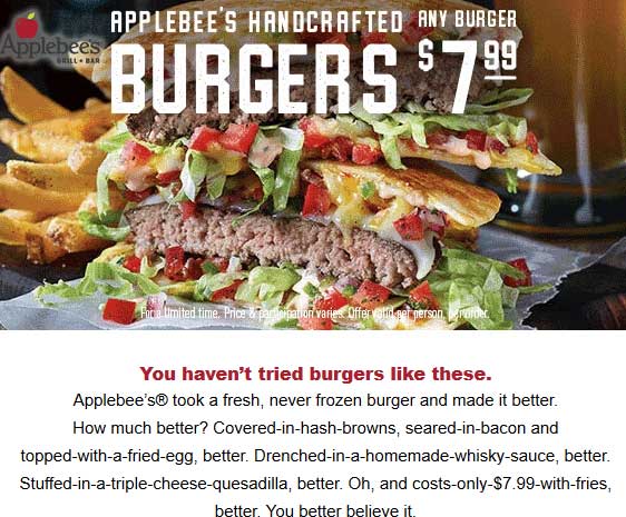 Applebees Coupon April 2024 Any burger + fries = $8 at Applebees