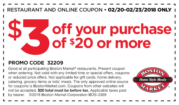 Boston Market Coupon March 2024 $3 off $20 at Boston Market restaurants