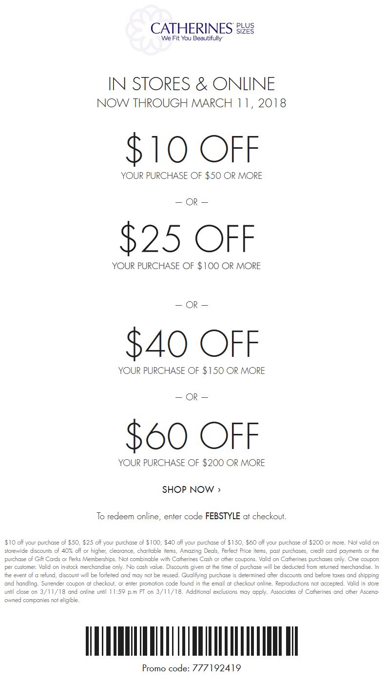 Catherines Coupon March 2024 $10 off $50 & more at Catherines, or online via promo code FEBSTYLE