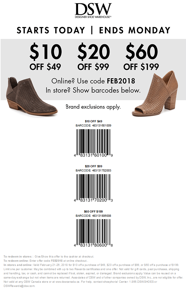 DSW Coupon April 2024 $10 off $49 & more at DSW Shoes, or online via promo code FEB2018