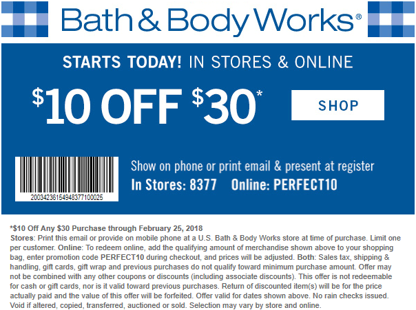 Bath & Body Works Coupon April 2024 $10 off $30 at Bath & Body Works, or online via promo code PERFECT10