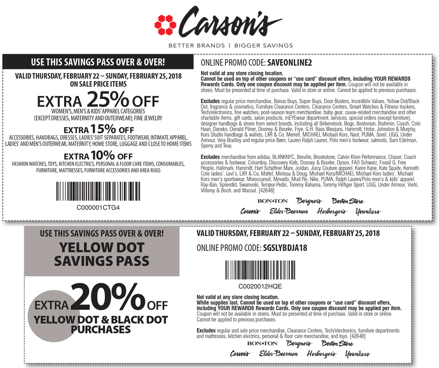 Carsons Coupon April 2024 Extra 25% off at Carsons, Bon Ton & sister stores, or online via promo code SAVEONLINE2