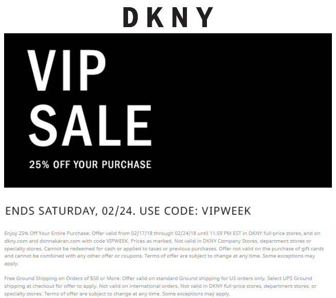 DKNY Coupon April 2024 25% off at DKNY, or online via promo code VIPWEEK