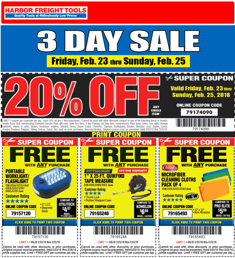 Harbor Freight Coupon April 2024 20% off a single item & more at Harbor Freight Tools, or online via promo code 79174090