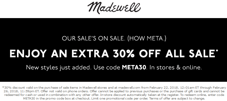 Madewell Coupon April 2024 Extra 30% off sale items at Madewell, or online via promo code META30