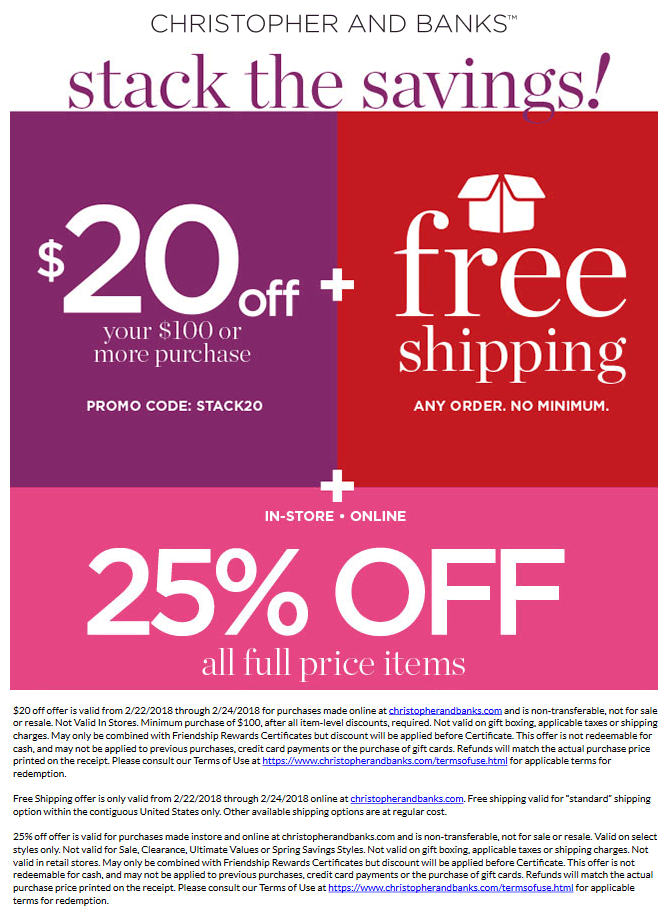 Christopher And Banks Coupon March 2024 25% off & more today at Christopher and Banks, or 20% off $100 online via promo STACK20