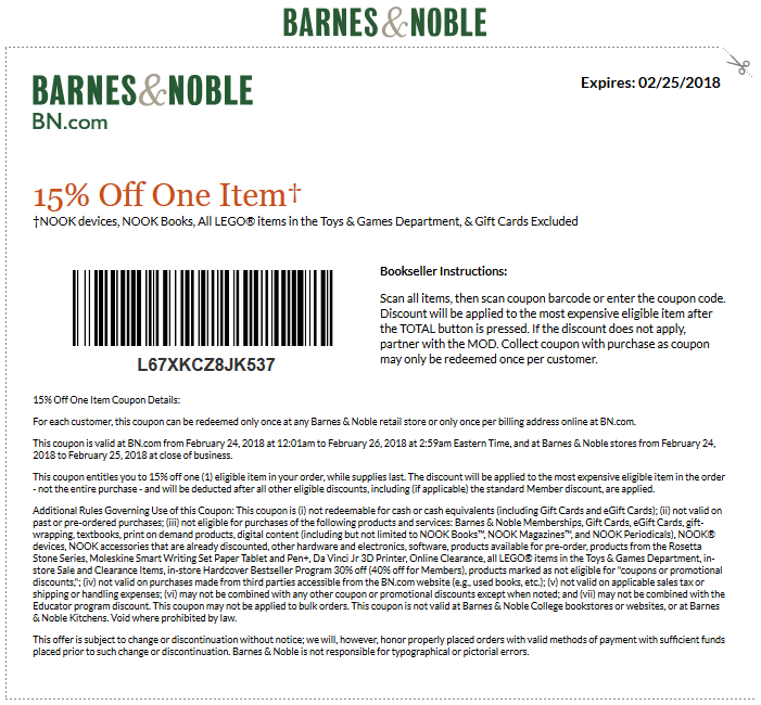 Barnes & Noble Coupon April 2024 15% off a single item today at Barnes & Noble, or online via promo code L67XKCZ8JK537