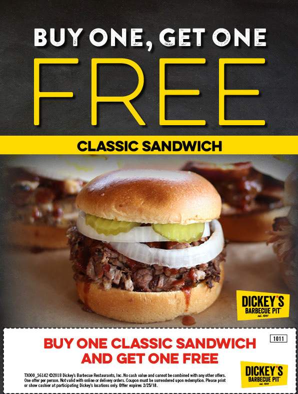 Dickeys Barbecue Pit Coupon April 2024 Second sandwich free today at Dickeys Barbecue Pit