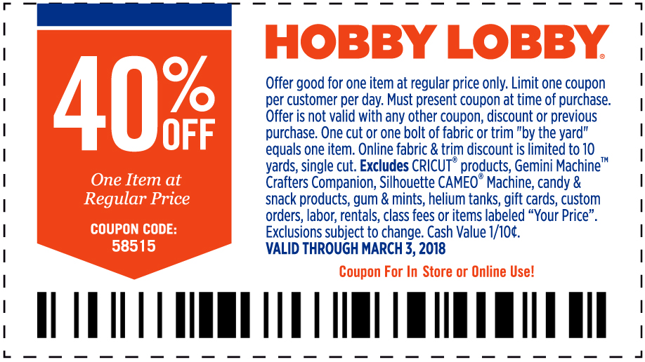 Hobby Lobby Coupon April 2024 40% off a single item at Hobby Lobby, or online via promo code 58515