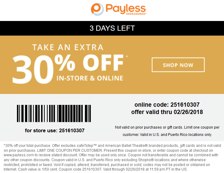 Payless Shoesource Coupon April 2024 Extra 30% off at Payless Shoesource, or online via promo code 251610307