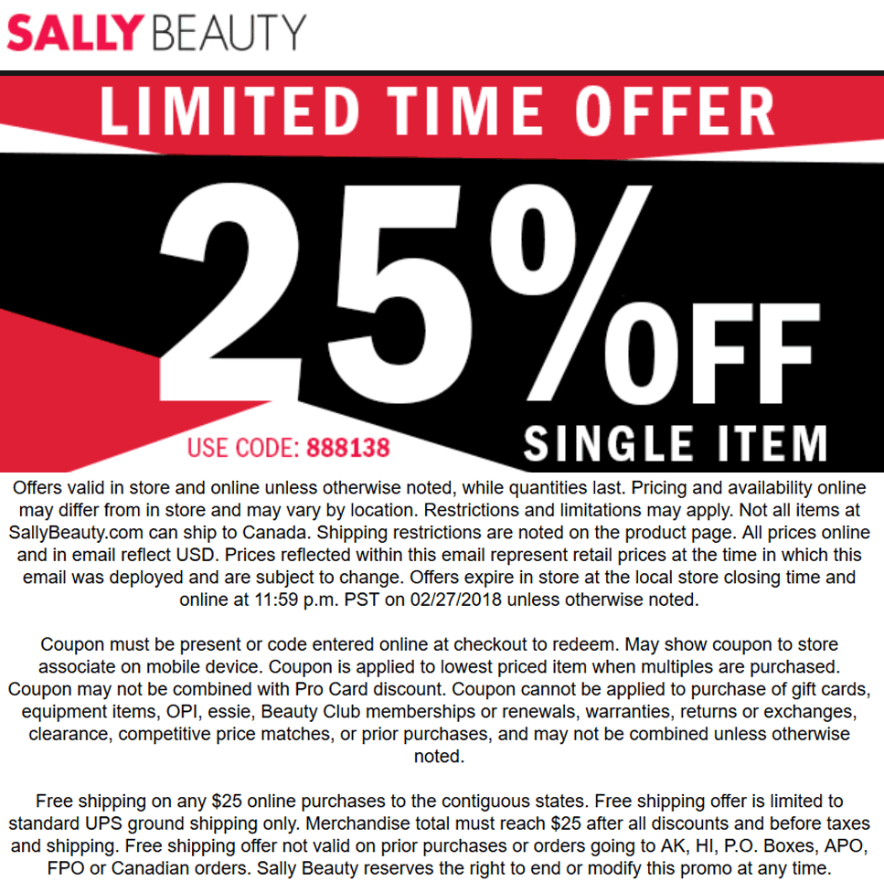 Sally Beauty Coupon April 2024 25% off a single item at Sally Beauty, or online via promo code 888138