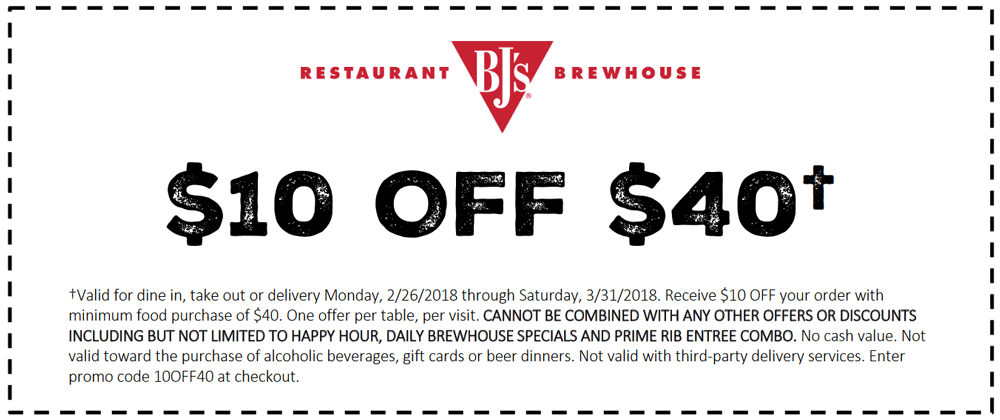 BJs Restaurant Coupon March 2024 $10 off $40 at BJs Restaurant brewhouse