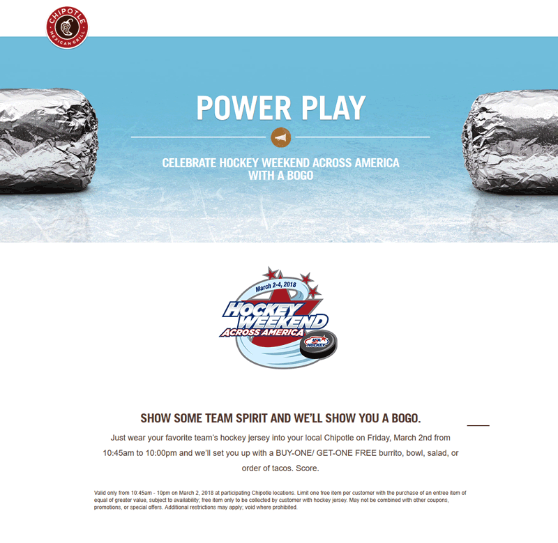 Chipotle Coupon April 2024 Wear hockey jersey for a second burrito free Friday at Chipotle