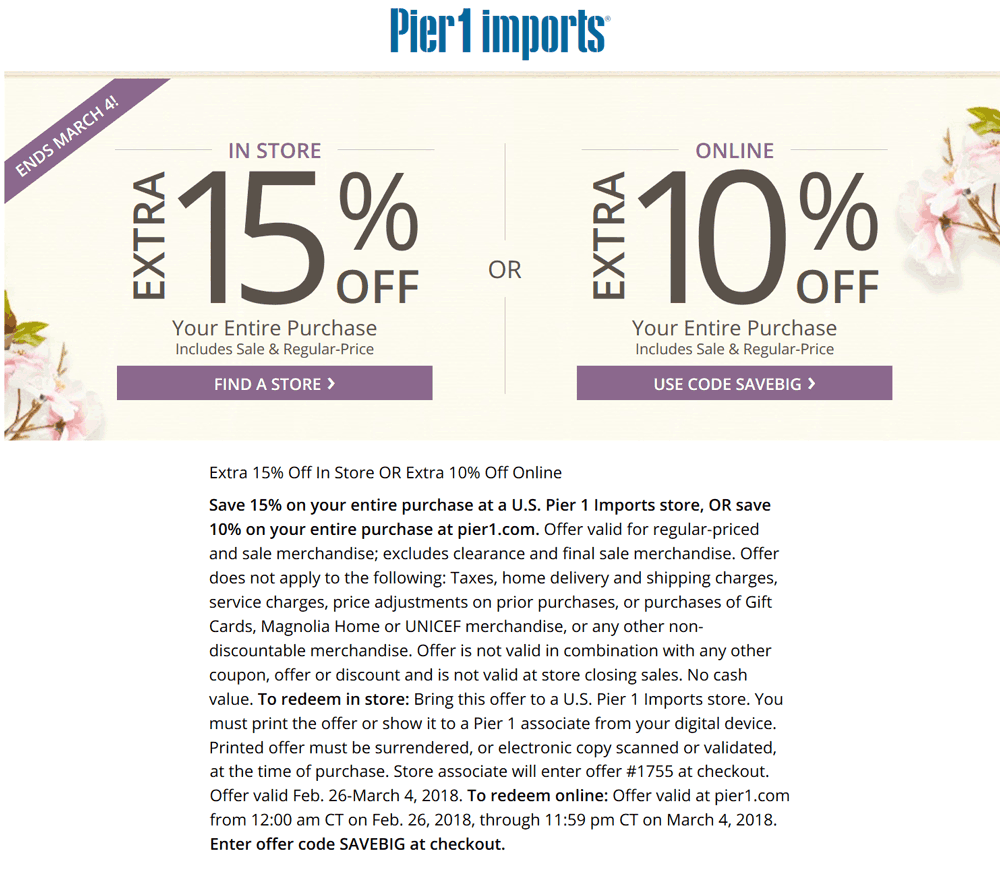 Pier 1 Coupon April 2024 Extra 15% off at Pier 1 Imports, or 10% online via promo code SAVEBIG