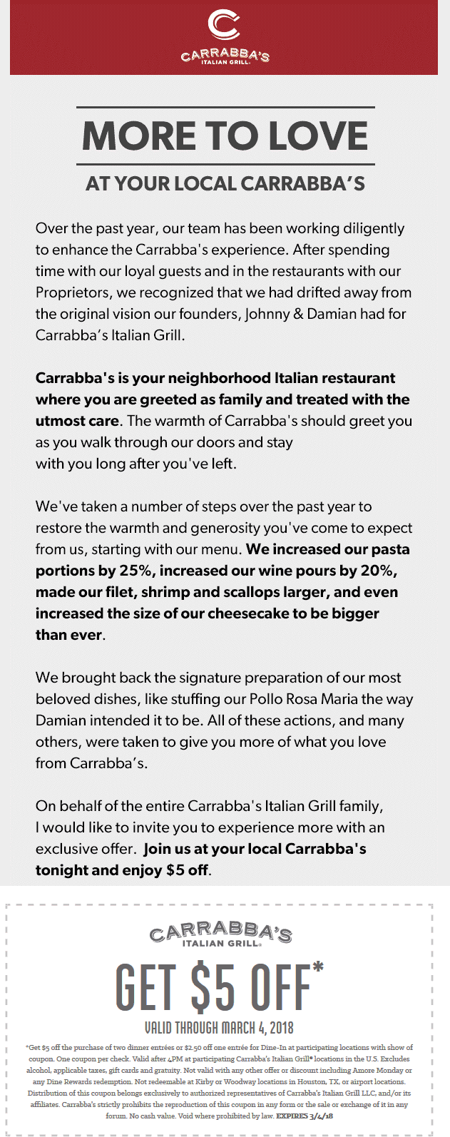 Carrabbas Coupon April 2024 $5 off at Carrabbas Italian Grill