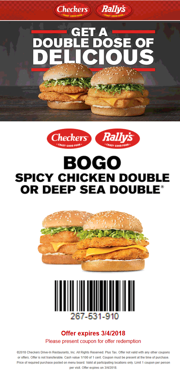 Checkers Coupon March 2024 Second chicken or fish double sandwich free at Rallys & Checkers