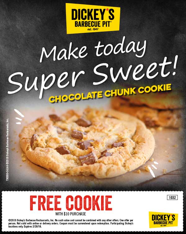 Dickeys Barbecue Pit Coupon April 2024 Free cookie with $10 spent today at Dickeys Barbecue Pit restaurants