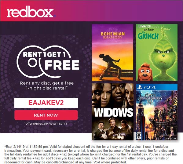 Redbox coupons & promo code for [January 2022]