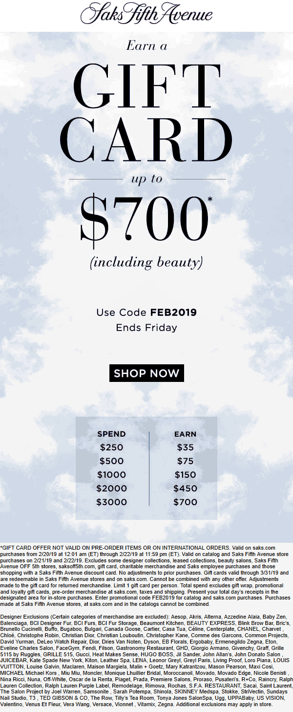 Saks Fifth Avenue coupons & promo code for [February 2023]
