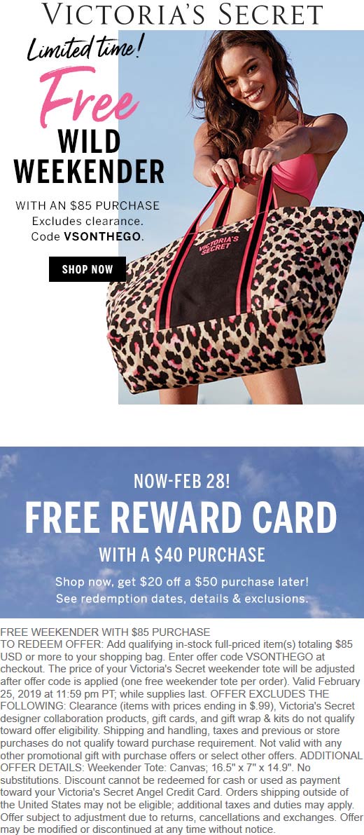 Victorias Secret Coupon April 2024 Free weekender with $85 spent at Victorias Secret via promo code VSONTHEGO