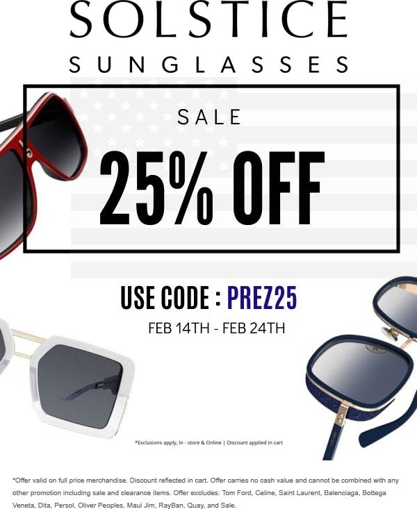 Solstice Sunglasses coupons & promo code for July 2025