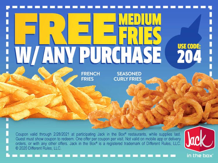 Jack in the Box restaurants Coupon  Free medium fries with any order all month at Jack in the Box restaurants #jackinthebox 