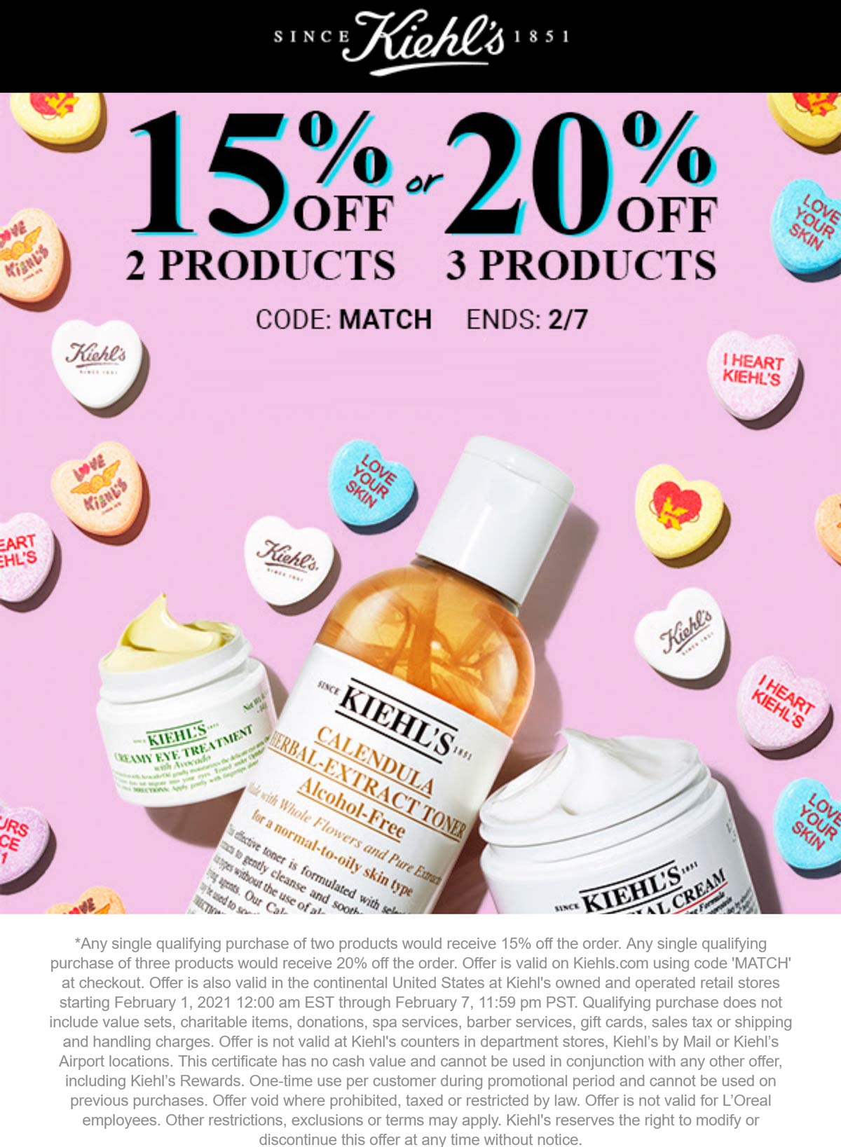 Kiehls stores Coupon  15-20% off 2+ products at Kiehls, or online via promo code MATCH #kiehls 