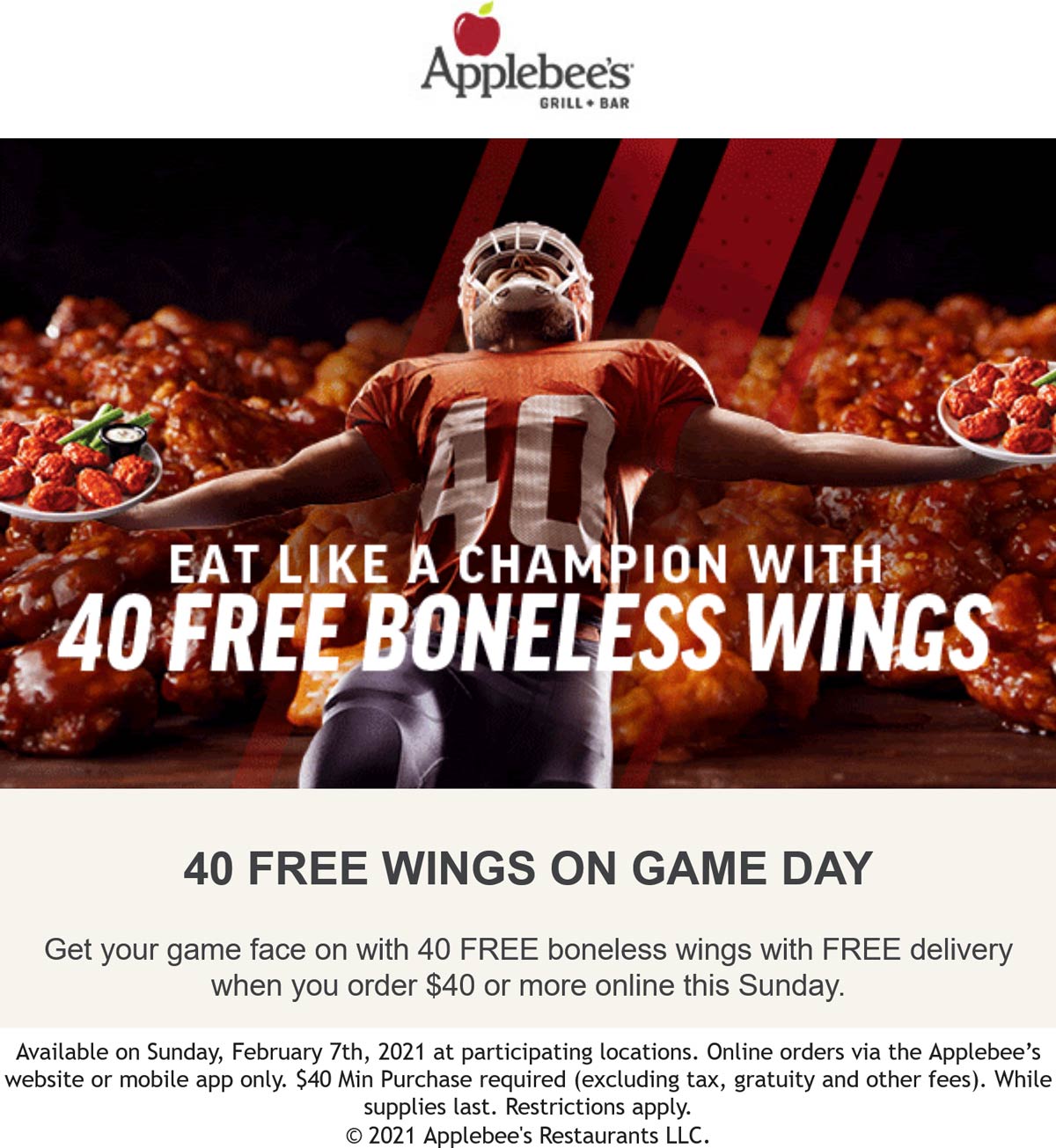 [March, 2021] 40 free boneless wings & delivery with 40 spent Sunday