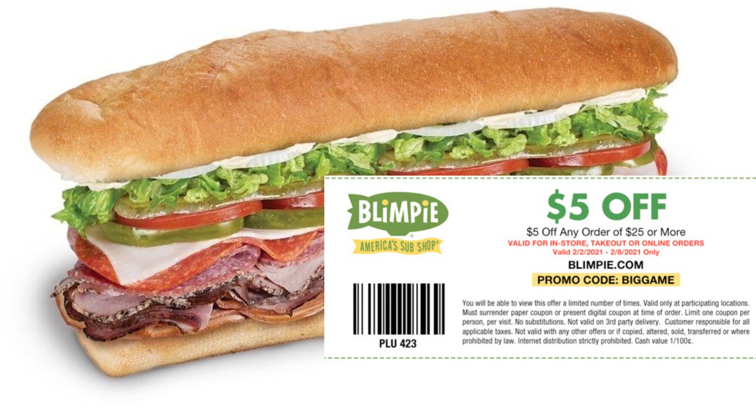 Blimpie restaurants Coupon  $5 off $25 at Blimpie deli sub sandwich restaurants via promo code BIGGAME #blimpie 