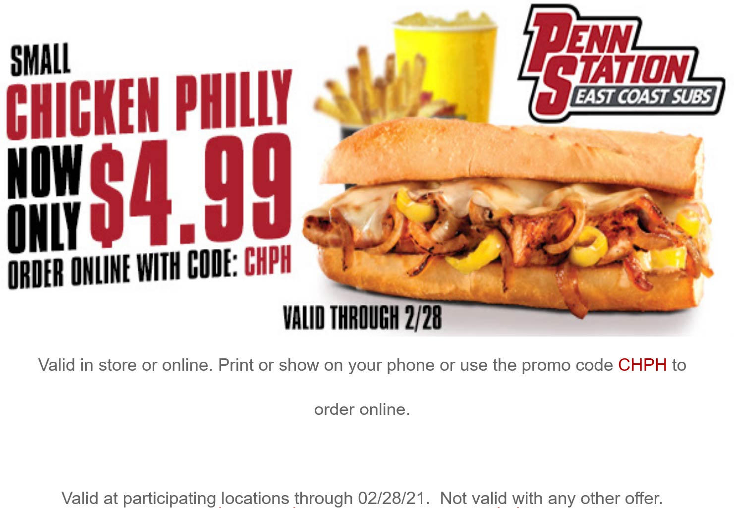 Penn Station restaurants Coupon  $5 chicken philly sub sandwich at Penn Station via promo code CHPH #pennstation 