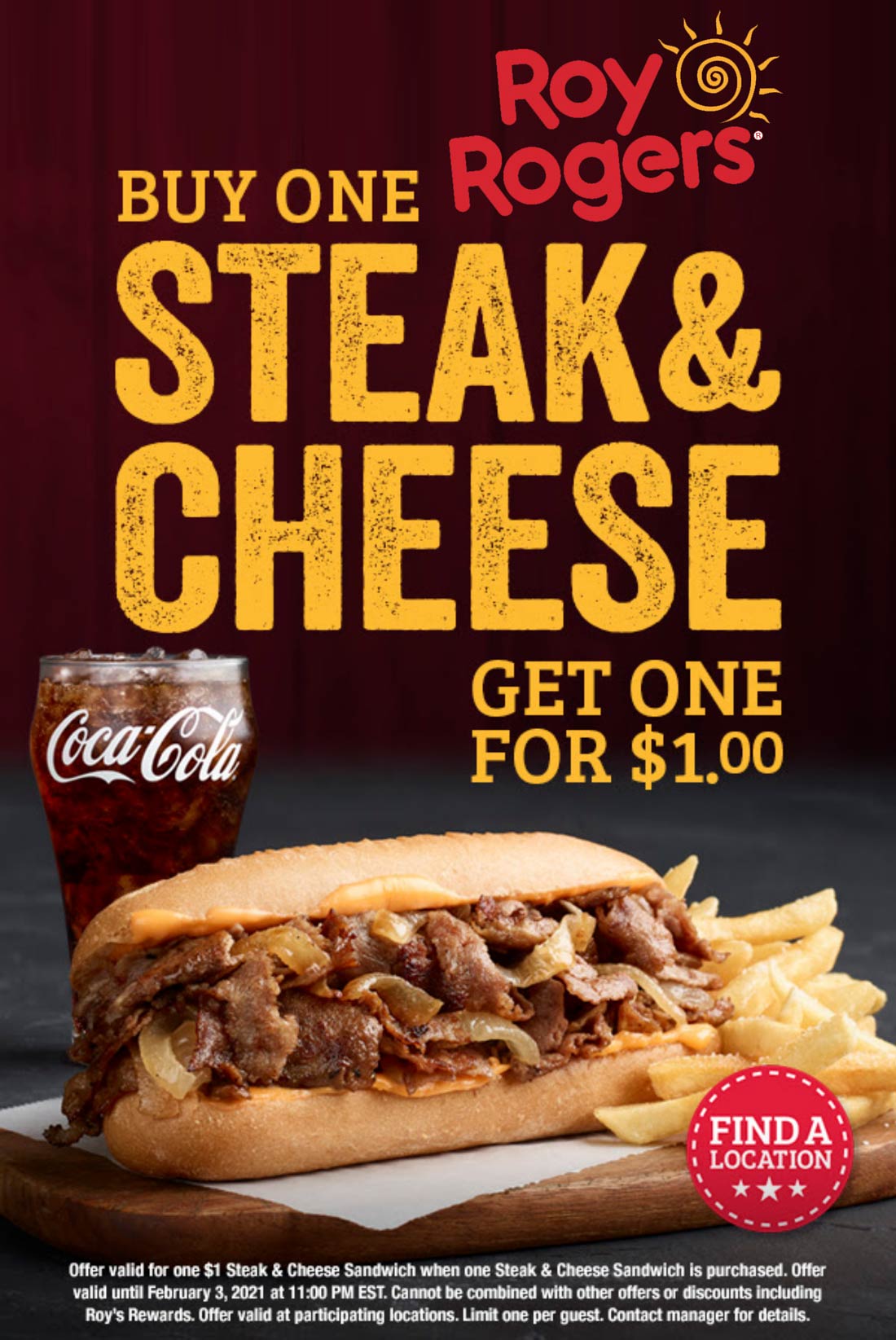 Roy Rogers restaurants Coupon  Second steak & cheese sandwich for $1 today at Roy Rogers #royrogers 