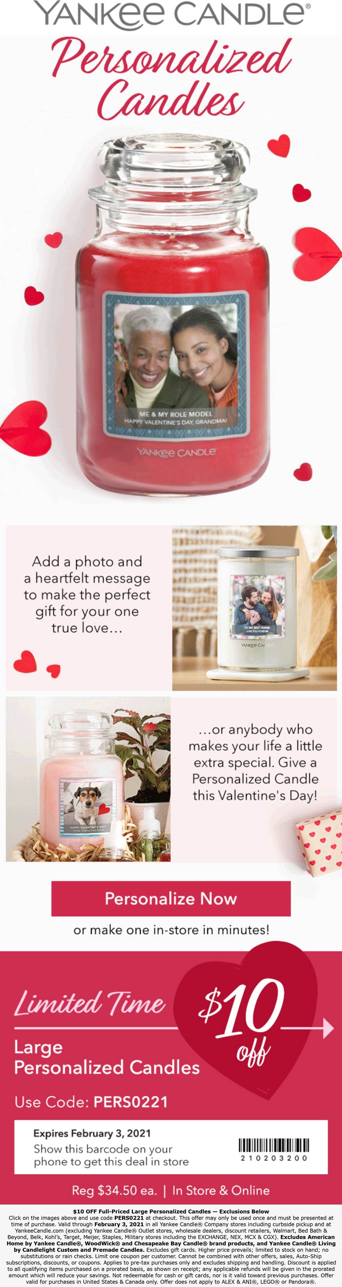 Yankee Candle stores Coupon  $10 off personalized candle today at Yankee Candle, or online via promo code PERS0221 #yankeecandle 
