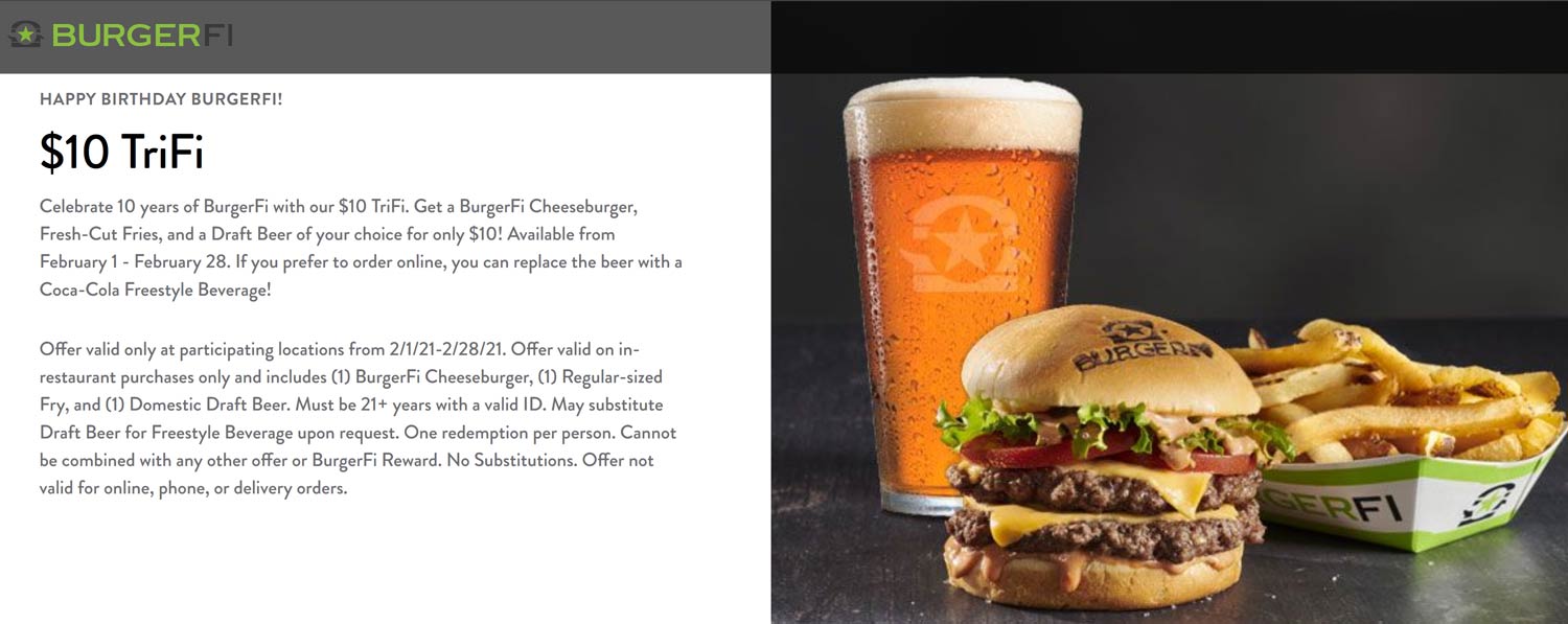 BurgerFi restaurants Coupon  Cheeseburger + fries + draft beer = $10 at BurgerFi #burgerfi 
