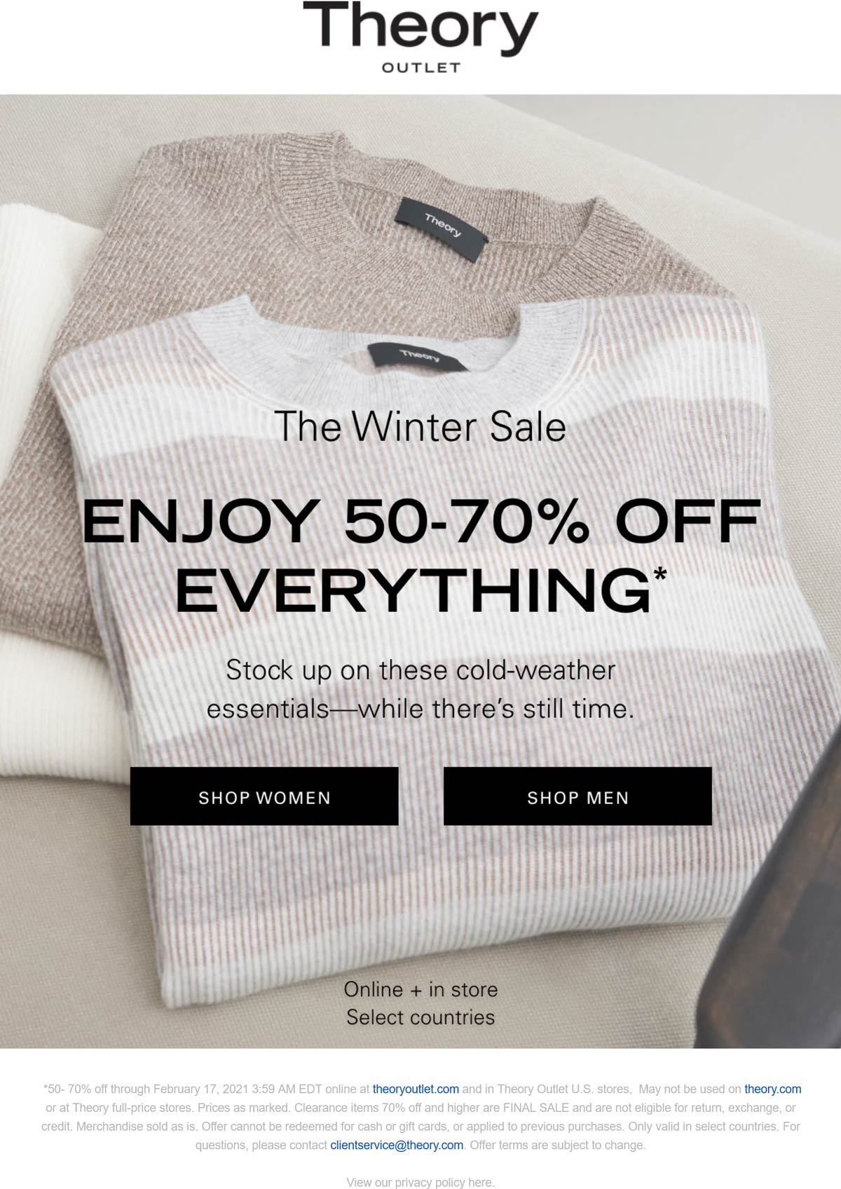 5070 off everything at Theory Outlet, ditto online theoryoutlet