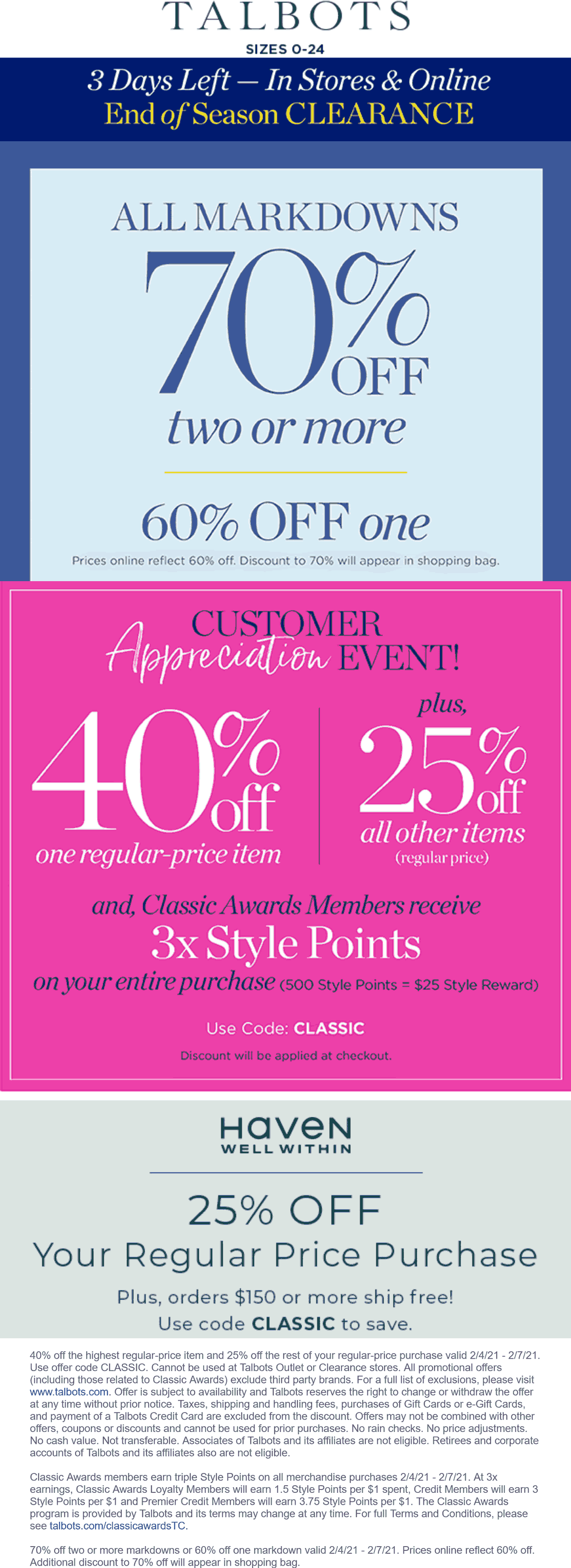 Talbots stores Coupon  40% off a single item & more at Talbots, or online via promo code CLASSIC #talbots 
