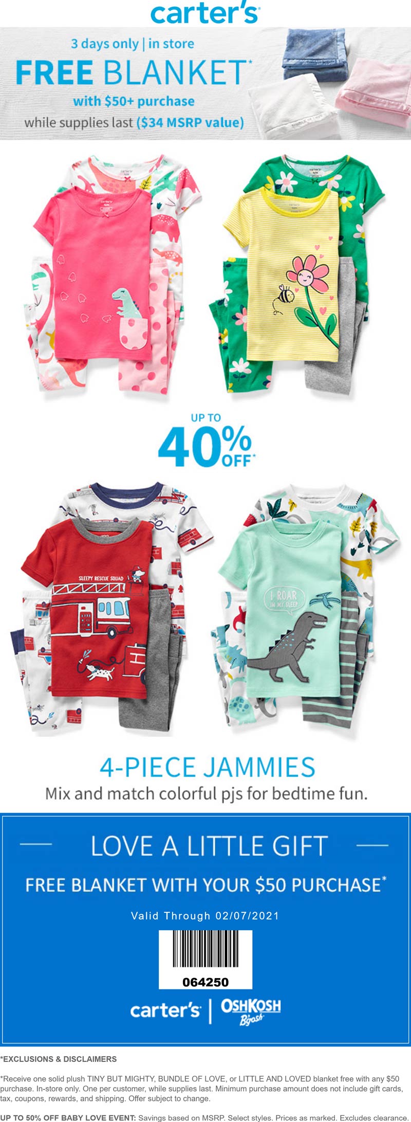 Carters stores Coupon  Free $35 blanket with $50 spent at Carters & OshKosh Bgosh #carters 