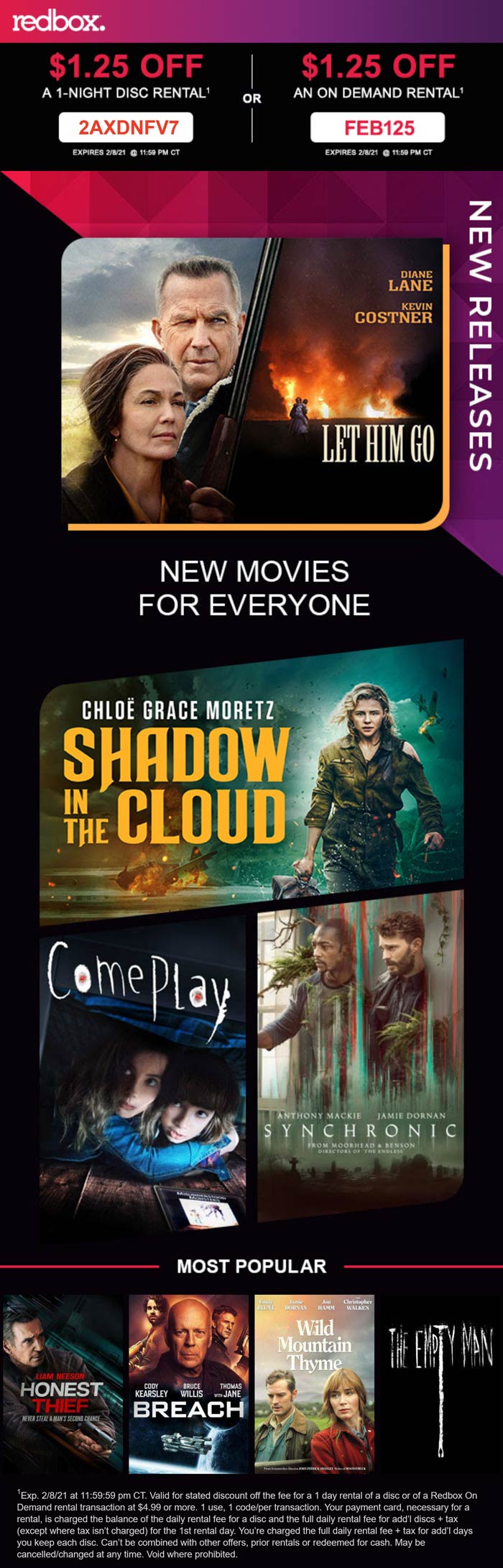 Redbox stores Coupon  $1.25 off a movie rental at Redbox via promo codes 2AXDNFV7 or FEB125 #redbox 