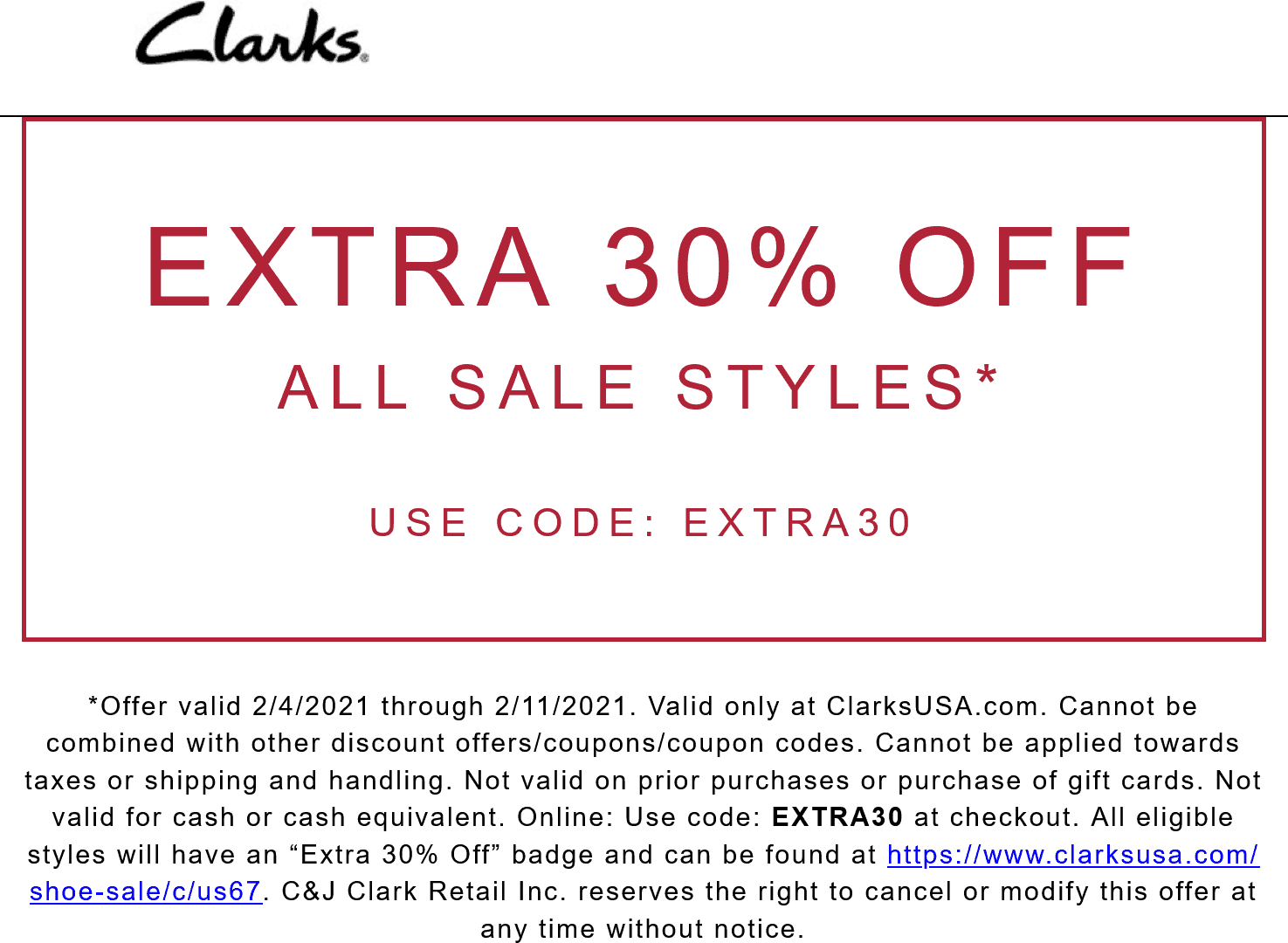Clarks stores Coupon  Extra 30% off sale shoes at Clarks via promo code EXTRA30 #clarks 