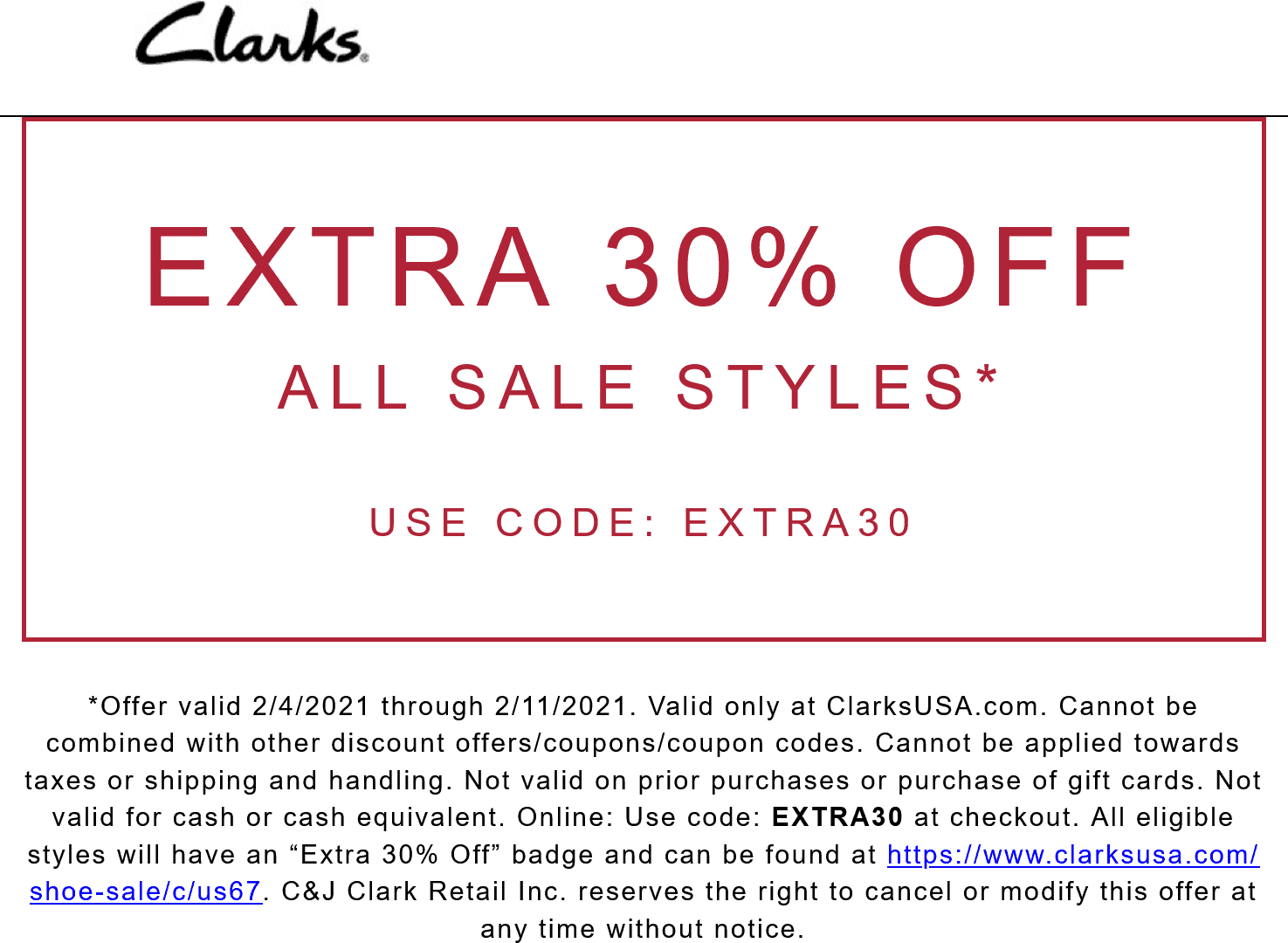 [April, 2021] Extra 30 off sale shoes at Clarks via promo