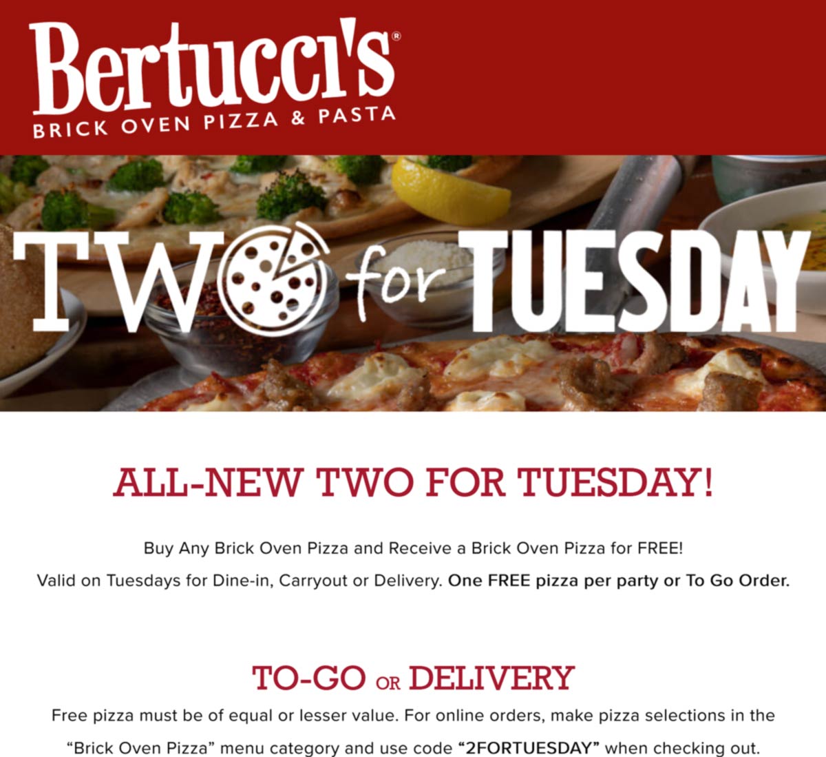 Bertuccis restaurants Coupon  Second brick oven pizza free today at Bertuccis restaurants #bertuccis 