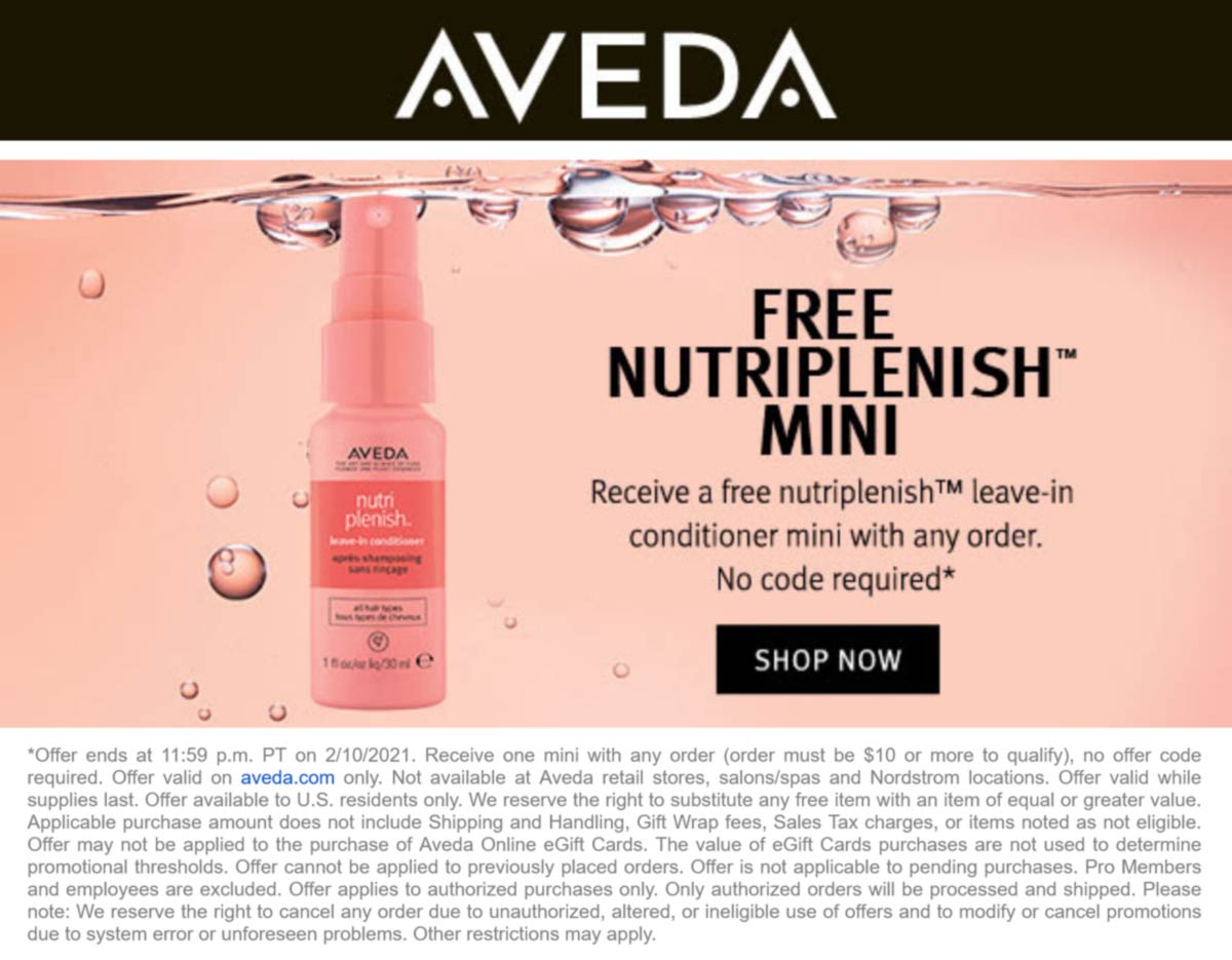 Aveda restaurants Coupon  Free mini conditioner with any order today online at Aveda #aveda 
