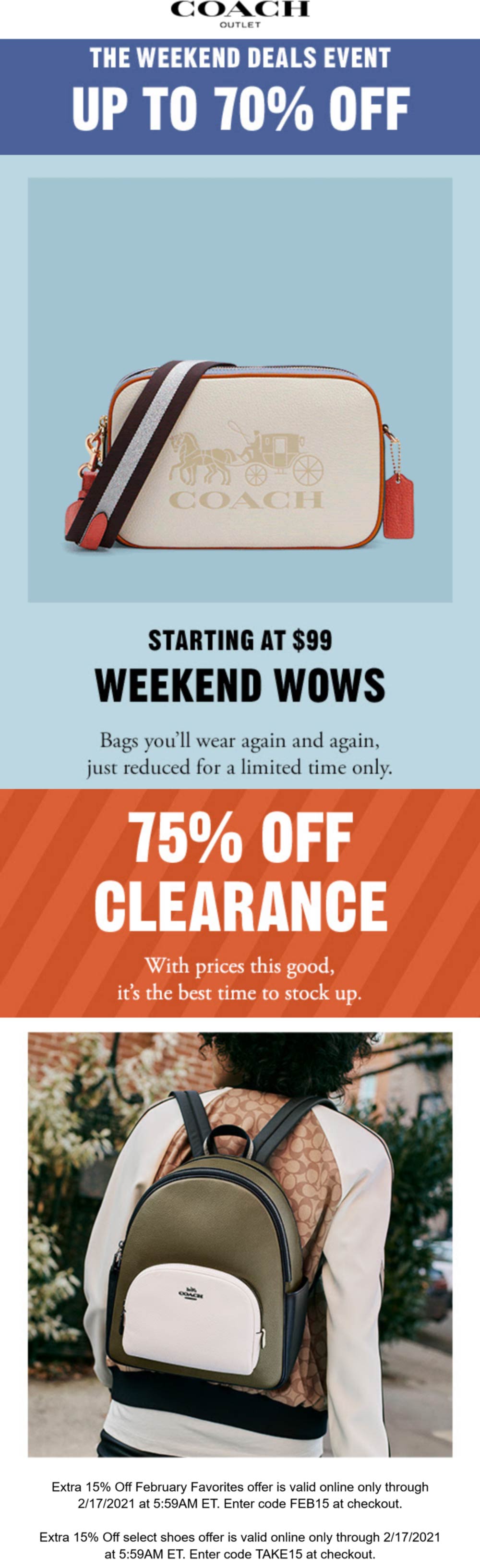 Coach Outlet stores Coupon  75% off clearance at Coach Outlet + 15% off promo codes FEB15 & TAKE15 #coachoutlet 