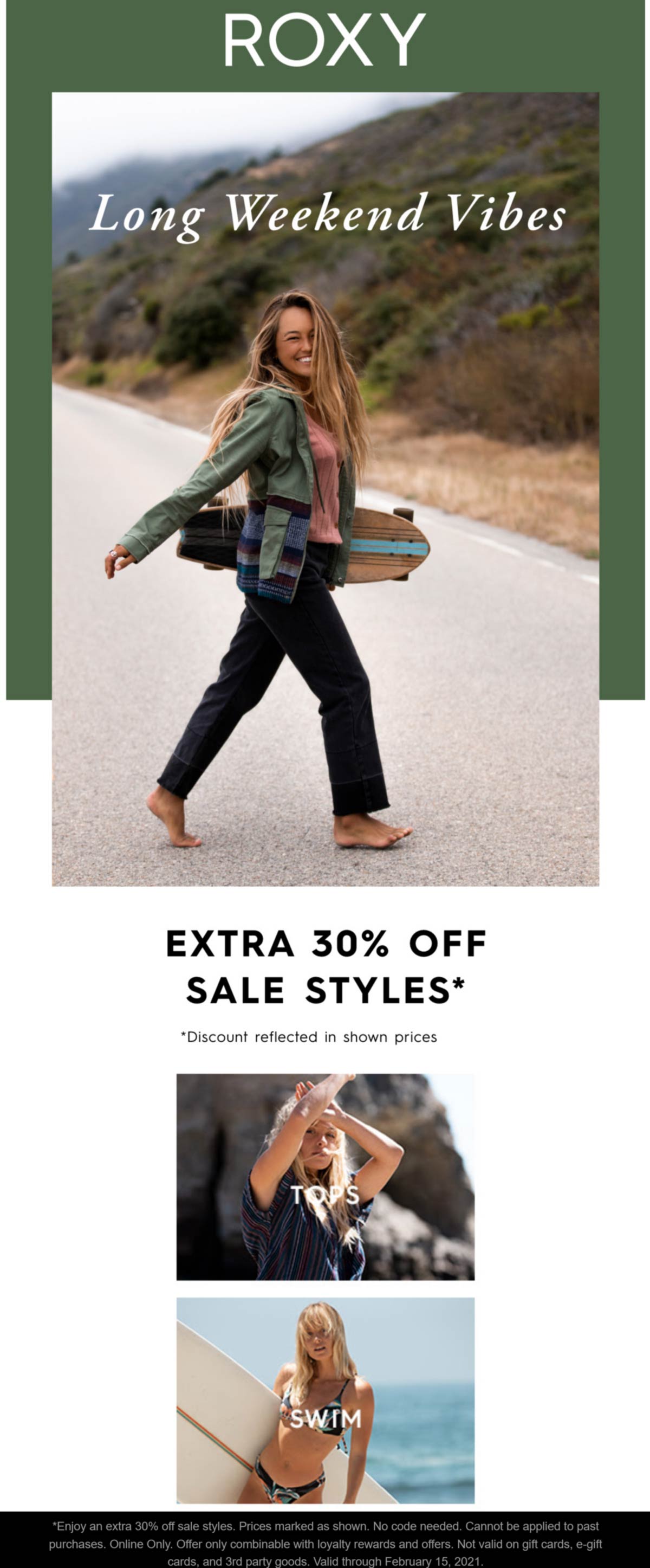 Roxy stores Coupon  Extra 30% off sale styles online at Roxy #roxy 