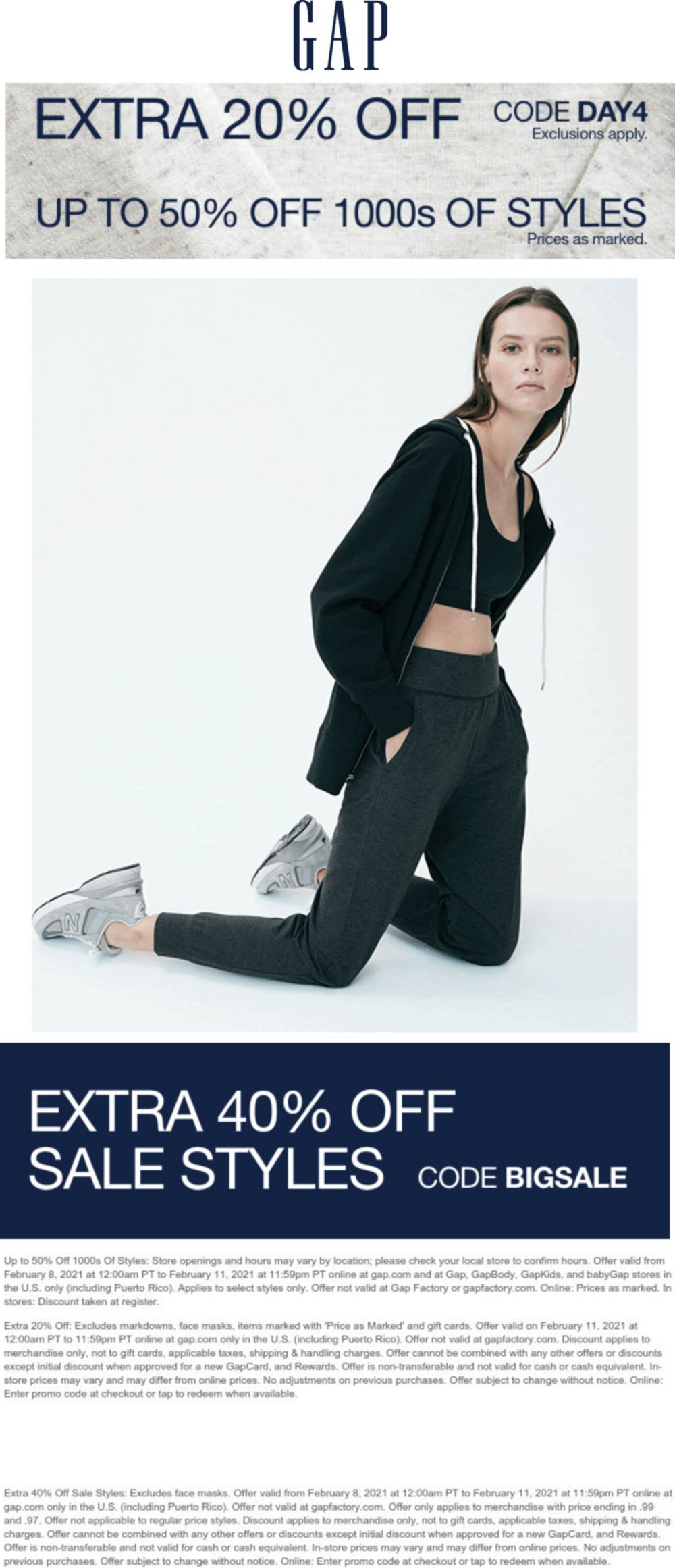 Gap stores Coupon  Extra 40% off sale styles & more today online at Gap via promo codes DAY4 and BIGSALE #gap 
