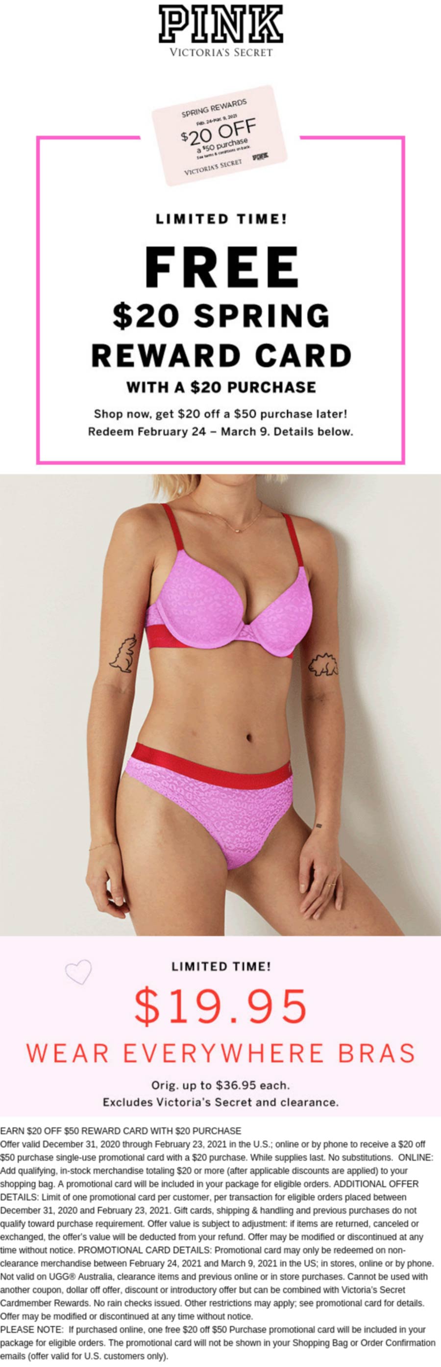 PINK stores Coupon  $20 reward card with $20 spent at Victorias Secret PINK, ditto online #pink 