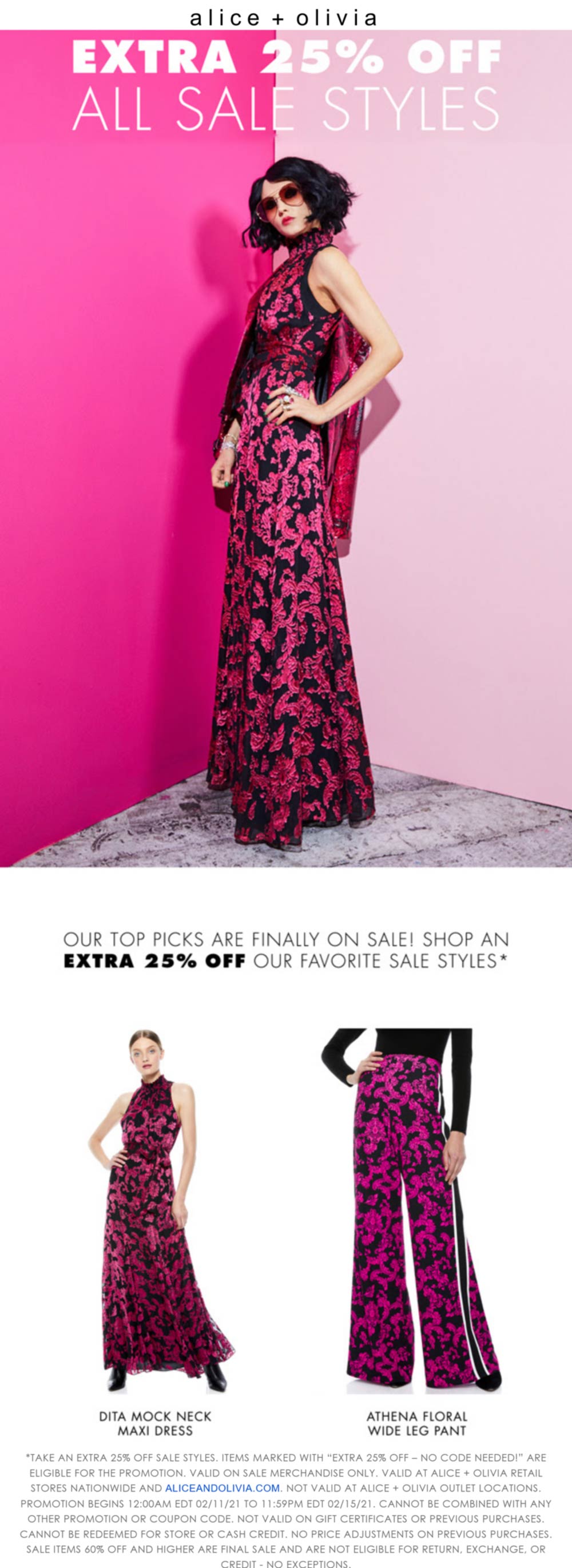 Alice and Olivia stores Coupon  Extra 25% off sale items at Alice and Olivia, ditto online #aliceandolivia 