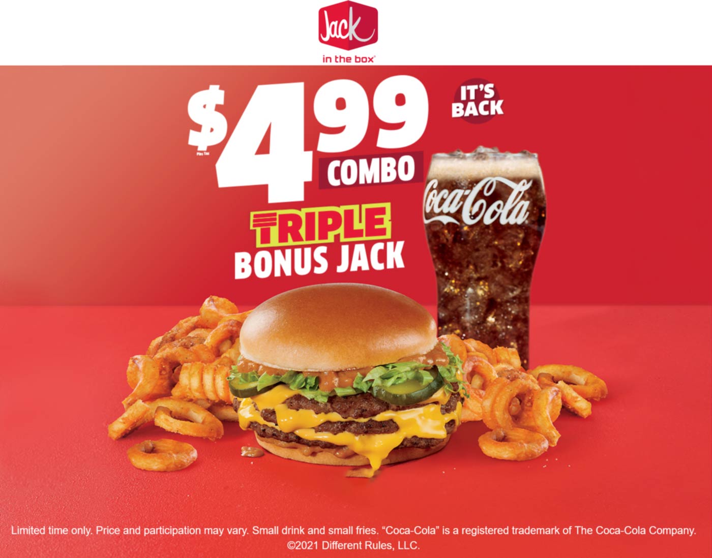 Triple cheeseburger + curly fries + drink = 5 combo meal at Jack in